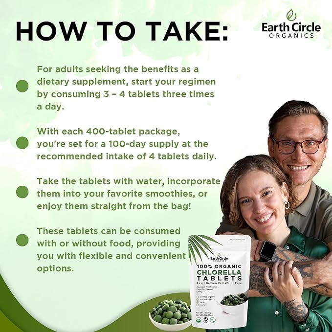 Earth Circle Organics Chlorella 400 Tablets (Pack of 2) and Spirulina Powder 4oz Bundle High Potency Vegan Superfood Supplement Packed with Protein Vitamins & Minerals for Daily Energy and Health