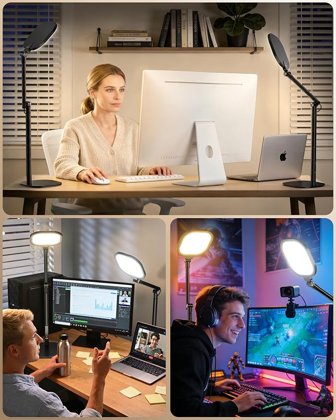 LitONES Tall LED Desk Lamps with Base, Edge-Lit Eye-Care, 50 Light Modes | 40" Height, Dimmable & Flexible, CRI>97.8, Memory and Timer Func, Stable Mental Base for Home Office, Video Calls & Drafting