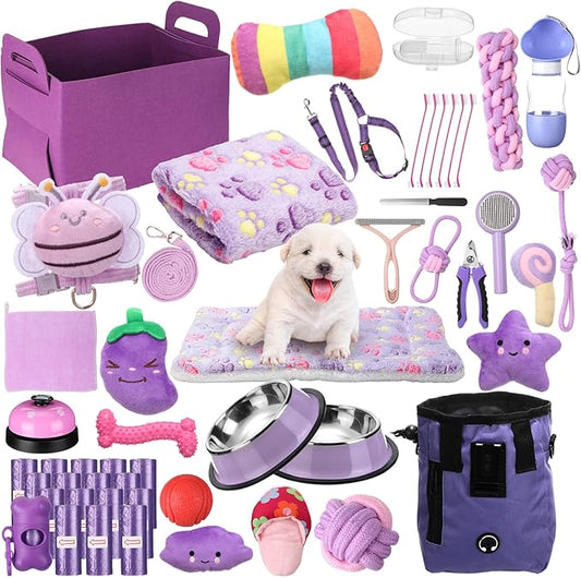 Abbylike 50 Pcs Puppy Supplies Starter Kit for Small Dogs Puppy Essentials Includes Leash, Bowls, Teeth Brushes, Water Bottle, and More Accessories for Dogs Pet Day Welcome Gift(Purple)