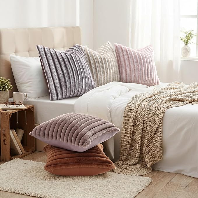 decorUhome Fall Faux Fur Throw Pillow Covers 12x20 Set of 2 Beige White | Decorative Soft Cozy Striped Plush Modern Farmhouse Boho Couch Pillow Cases Velvet Back for Sofa Bed Living Room Home Decor