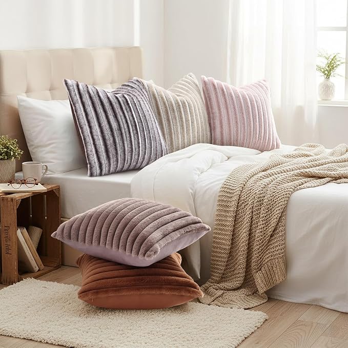 decorUhome Fall Faux Fur Throw Pillow Covers 16x16 Set of 2 Brown White | Decorative Soft Cozy Striped Plush Modern Farmhouse Boho Couch Pillow Cases Velvet Back for Sofa Bed Living Room Home Decor