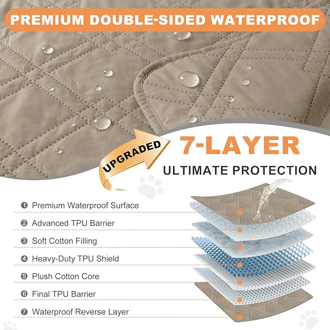 100% Waterproof Dog Couch Protector, Triple-Layer Waterproof Dog Bed Cover Pet Blanket Reversible 2-Tone Sofa Shield, Non-Slip Furniture Guard for Pets(68×82 Inch, Khaki+Khaki)