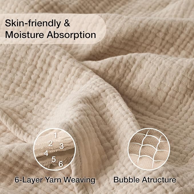 100% Cotton Muslin Blanket Queen 90" x 90", 6 Layers Breathable and Lightweight Cotton Throw Blanket for Bed, Soft Quilt Bedspread Coverlet, Gauze Blanket for Adults All Season, Beige Linen, Oatmeal