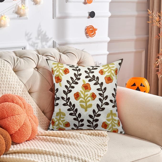 Alysheer Floral Embroidered Fall Decorative Throw Pillow Cover 18"x 18", Farmhouse Cottage Orange Flowers Brown Leaves Knit Pattern Cotton Canvas Cushion Case for Sofa Couch Bed Living Room Decor