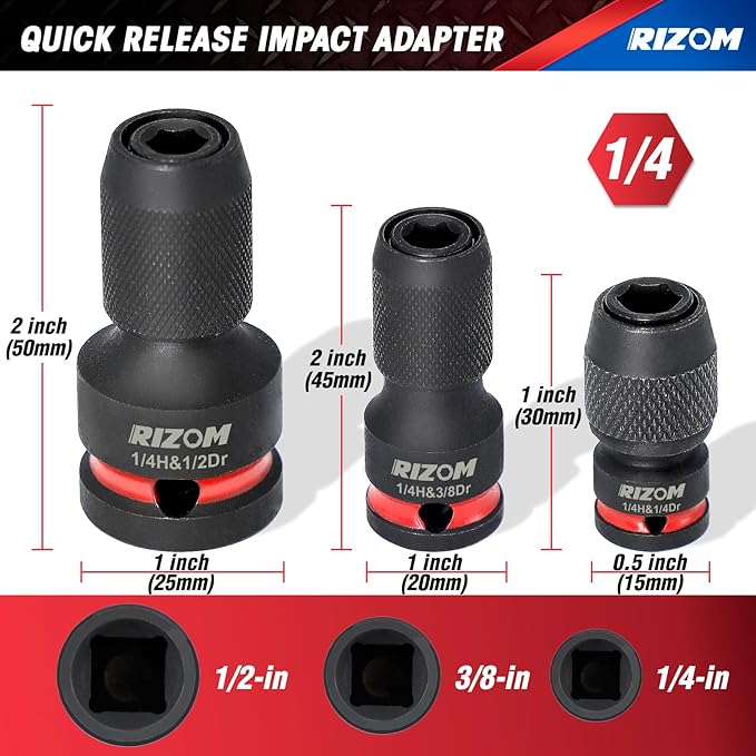 Rizom 3-Piece Quick Release Impact Bit Holders, 1/2 3/8 1/4-Inch Square Drive to 1/4-Inch Hex Shank Converter, Impact Wrench Adapters for Ratchet Wrench Drivers, Impact Wrench