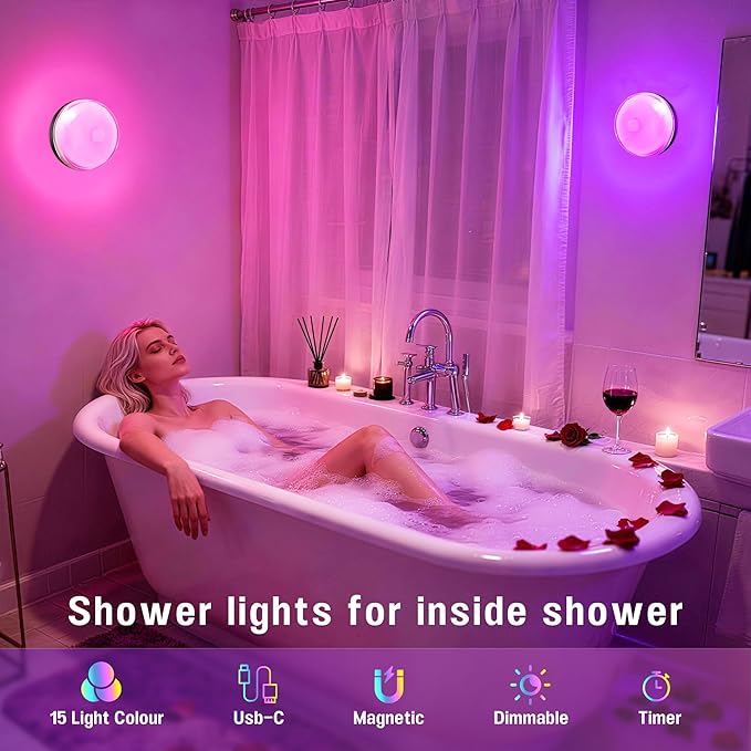 Loscarol Rechargeable Shower Lights with Remote, 15 RGBW Color Changeable Shower Lamp Waterproof, Dimmable ＆Timer Ceiling Light, Wireless LED Mood Lighting for Bathroom, Closet (Black, 2 Pack)