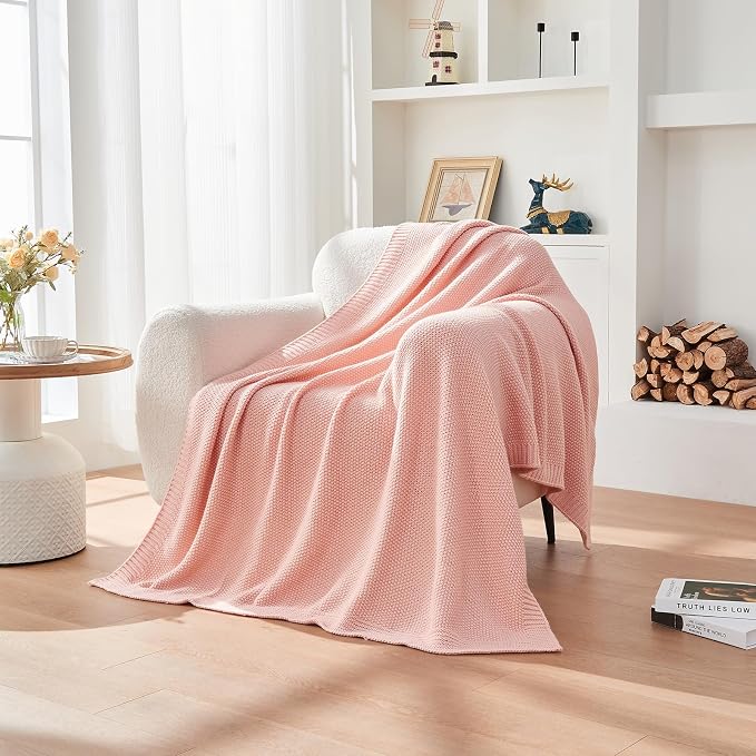 CozeCube Pink Seed Stitch Throw Blanket 50"x60", Farmhouse Decor | Blanket for Couch, Soft Cozy Cable Knit Throw for Bed Sofa Living Room, Lightweight Warm Decorative Christmas Blanket