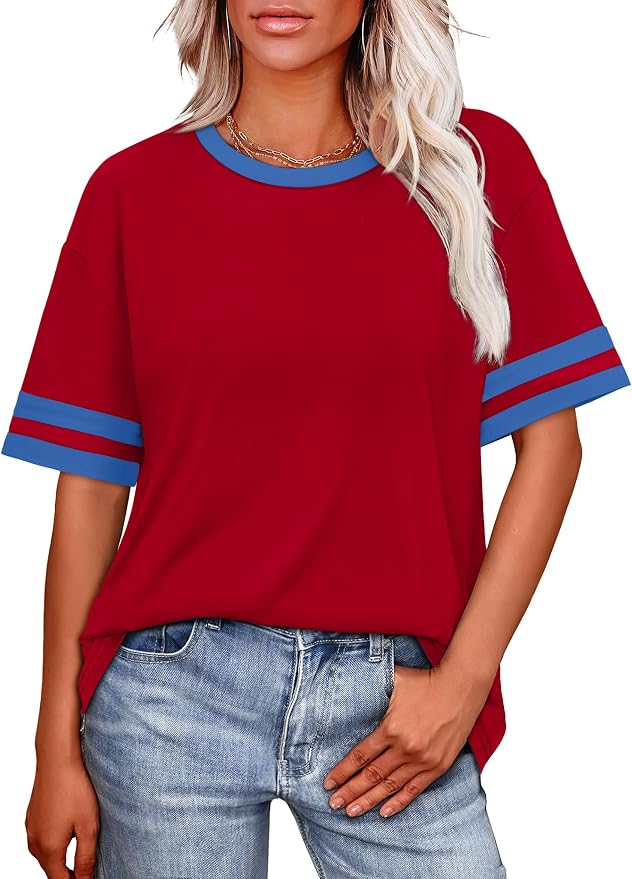 WIHOLL Womens T Shirts Loose Fit Short Sleeve Tees Crew Neck Color Block Summer Tops 2026 Fashion
