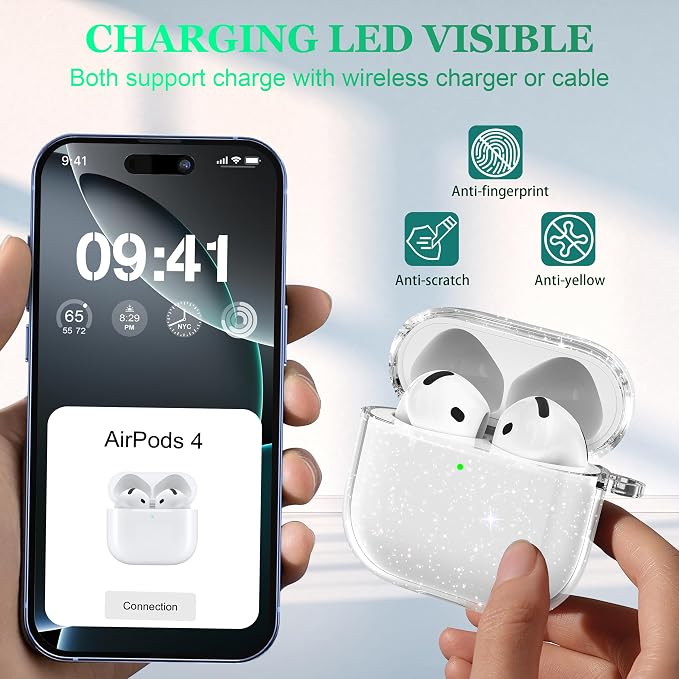 for AirPods 4th Generation Case Cover 2024, Military-Grade Shockproof, Soft TPU Highly Transparent Anti-Yellowing for AirPods 4 Case with Cleaning Kit & Cute Round Buckle, Gitter