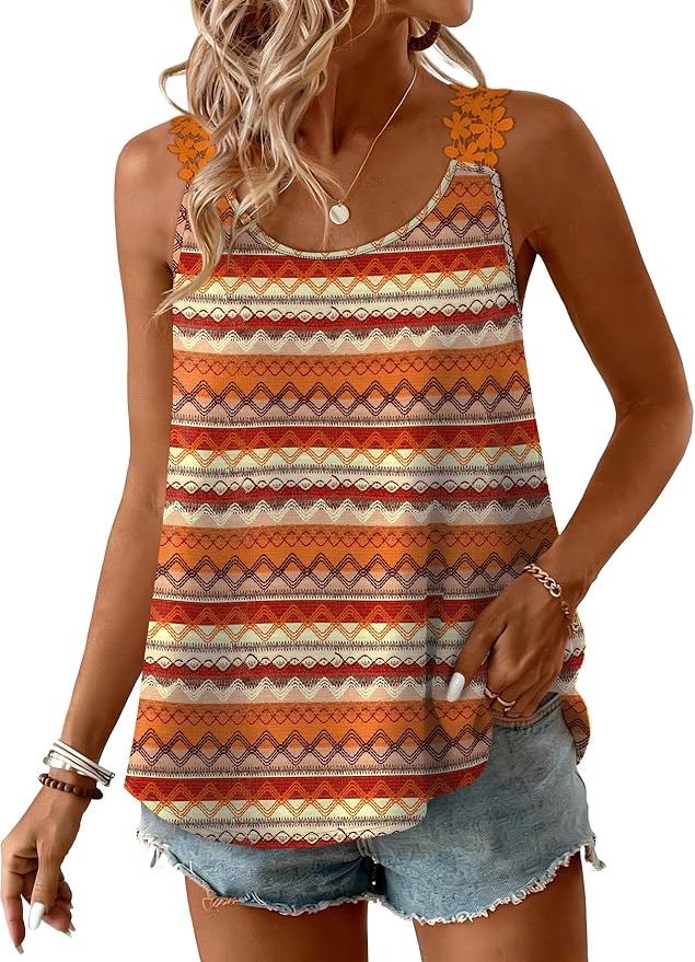 OFEEFAN Tank Top for Women Loose Fit Crew Neck Sleeveless Shirts Strap Lace Camisole Chiffon Summer Tops Curved Hem