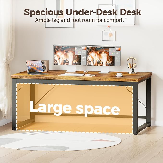 Mericonia 63x28 Inch Computer Desk, 1" Thick Large Office Table, Brown | Modern Simple Style, Heavy Duty Industrial Frame, Large Study & Writing Table for Home Bedroom Work