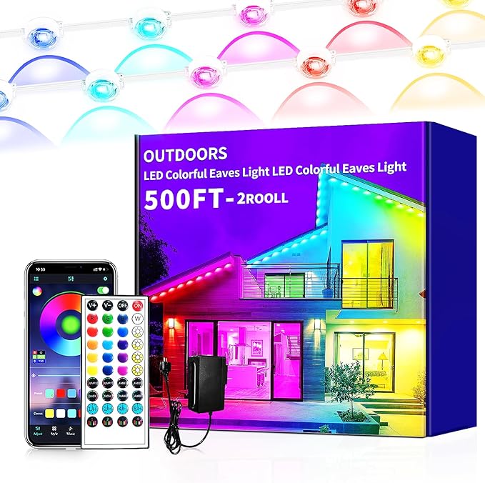 Permanent Outdoor Lights 500ft Smart Outside RGB LED Christmas Light, App Control Remote IP67 Waterproof Eternity Eaves Lighting for Halloween，House，Patio Decor ，Garden Decor, Decorations