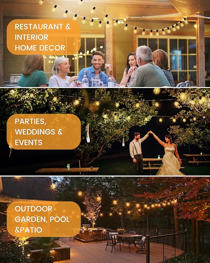 Torkase Outdoor Solar String Lights, 30FT Waterproof S14 LED Patio Lights with 13 Shatterproof Bulbs, USB Rechargeable, 2200K Warm White, Energy-Saving Hanging for Garden, Porch, Bistro, Camping