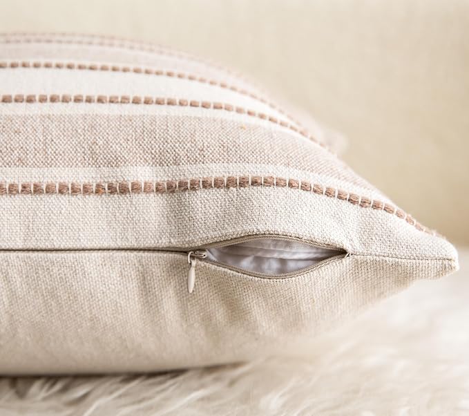 Cethom Decorative Boho Lumbar Throw Pillow Covers, Farmhouse Textured Pillow Case, 12 x 20 Inch Set of 2, Chair Sofa Bedroom Living Room Home Decor Couch Cushion Case, Tapue and Beige