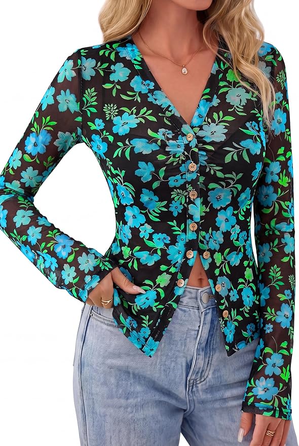 BTFBM Button Down Shirts for Women 2026 Fall Boho Tops V Neck Long Sleeve Blouses Ruched Mesh Fitted Fashion Clothing