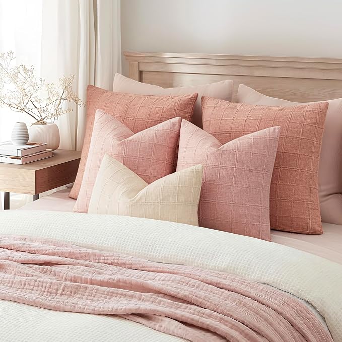 Foindtower Set of 2 Decorative Linen Check Throw Pillow Covers Neutral Farmhouse Lumbar Cushion Covers Modern Boho Accent Home Decor for Sofa Chair Couch Bedroom Living Room,12×24 Inch,Light Pink