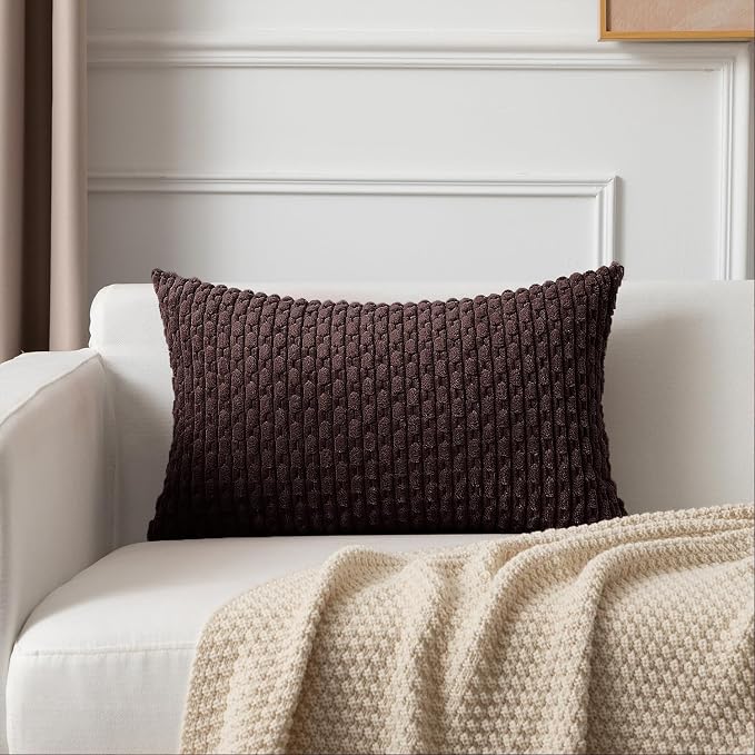 Kevin Textile Soft Corduroy 14"x22" Lumbar Pillow Cover 1 Pack, Coffee | Boho Stripe Plush Corduroy Decorative Oblong Cushion Cover Modern Farmhouse Home Decor for Sofa Couch Bed Chair