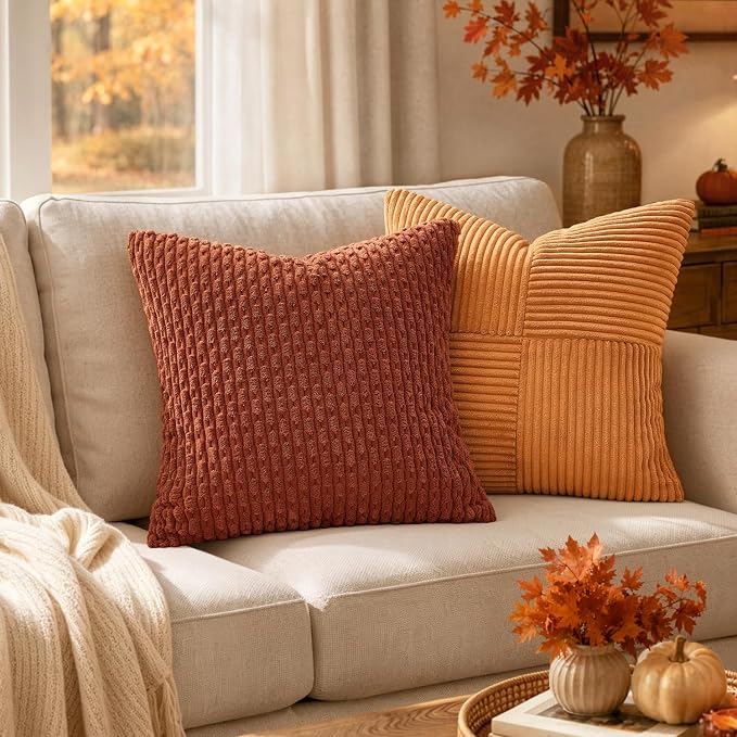 MIULEE Fall Decorative Throw Pillow Covers 18x18 Burnt Textured Corduroy | Terracotta Pack of 2 Striped Pillow Covers Modern Farmhouse Autumn Home Decor for Couch Bed Sofa Living Room