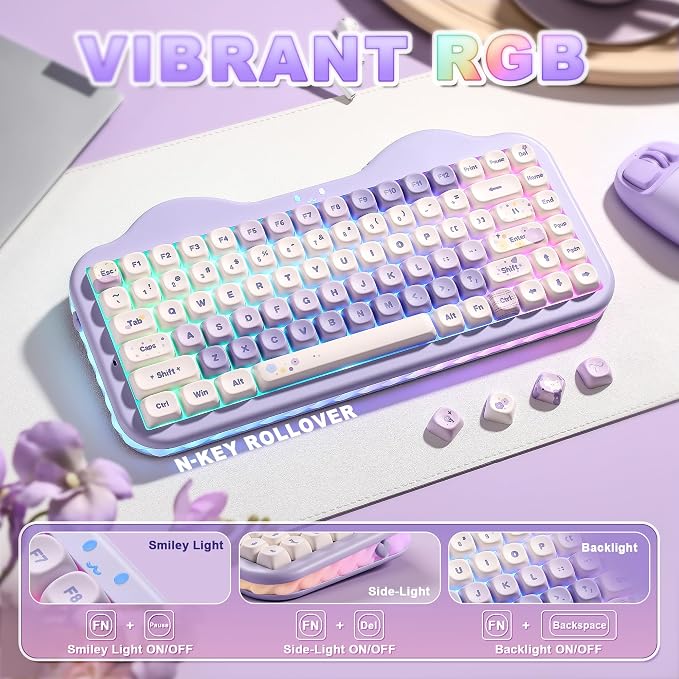 YUNZII C75 Cute 75% Wireless Mechanical Keyboard (Purple, Milk V2 Switch) | Creamy Cake Keyboard, BT5.0/2.4G/USB-C, Hot-Swap, NKRO, PBT MOA Keycaps,5500mAh RGB Gasket Mount for Mac/Win/Gaming/Office