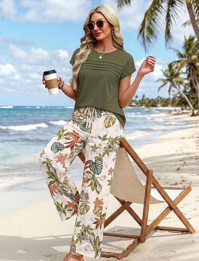 WIHOLL Two Piece Set for Women Summer Spring Outfits Matching Sets Women Clothing Airport Travel Vacation Wide Leg Pants