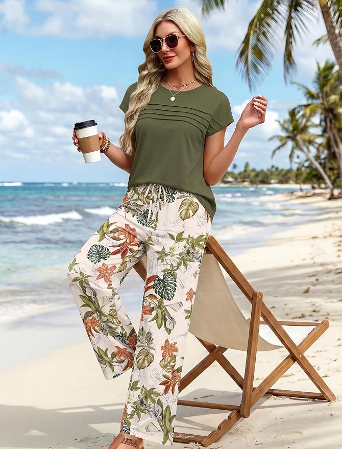 WIHOLL Two Piece Set for Women Summer Spring Outfits Matching Sets Women Clothing Airport Travel Vacation Wide Leg Pants