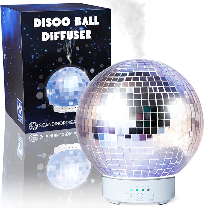 SCANDINORDICA Disco Ball Diffuser Rotating - 300ML Essential Oil Diffuser with Whisper Quiet Operation, 7 Color Night Light & 4 Time Settings | Aromatherapy Diffuser for Large Room Silver
