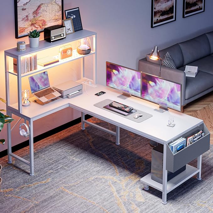 PRAISUN L Shaped Gaming Desk with LED Lights & Power Outlets, Reversible Computer Desk with Storage Shelves & Bag, Large Corner Home Office Desk with Pegboard for Work from Home, White