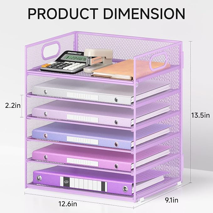 6 Tiers Letter Tray Paper Organizer with Handle, Mesh Desk File Organizer, Metal Desktop Document Shelf Organization, Paper Sorter Organizer for Office, Home or School File Folder Holder - Purple