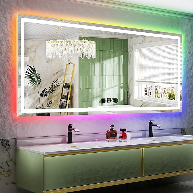 88x38 Inch RGB LED Bathroom Mirror Front Lit and RGB Backlit Lighted Vanity Mirror for Bathroom Wall Dimmable Anti Fog Memory Shatter-Proof IP54 Waterproof Horizontal/Vertical
