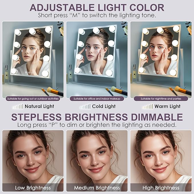 Sucedey Vanity Mirror with Lights, Makeup Mirror with Lights, 3 Color Lighting Modes Detachable 10X Magnification Mirror Touch Control, 360°Rotation, White