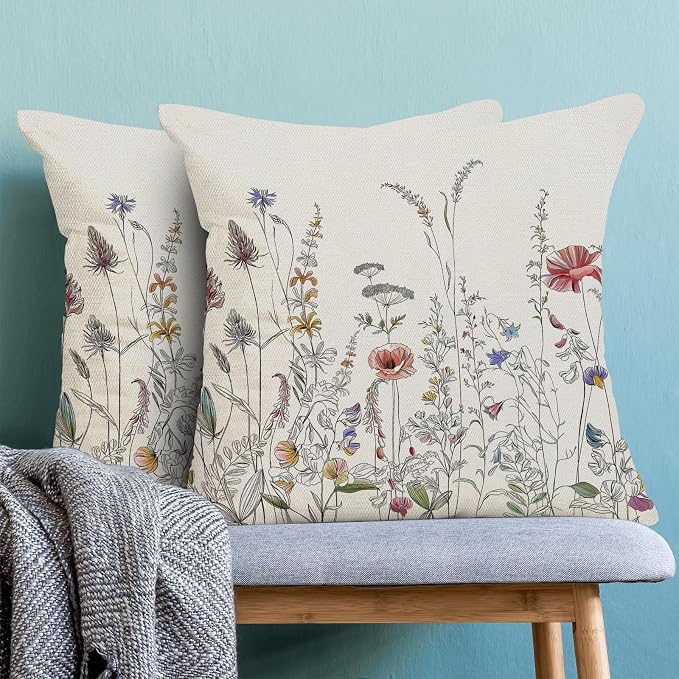 AEIOAE Spring Pillow Covers 16x16 Inch Set of 2, Black Wild Flower Throw Pillows Case,Colorful Seasonal Floral Plant Outdoor Decorative Farmhouse Decor Cushion Covers for Home Sofa Bed Couch