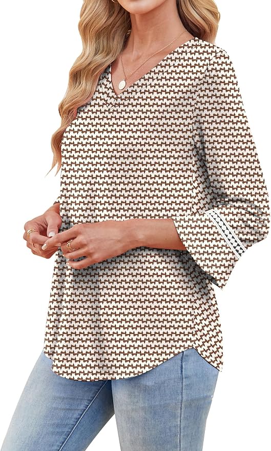 WIHOLL Womens Blouses Dressy Casual 3/4 Length Sleeve Tops Lace Trendy 2026 Spring Summer V Neck Shirts Vacation Outfits