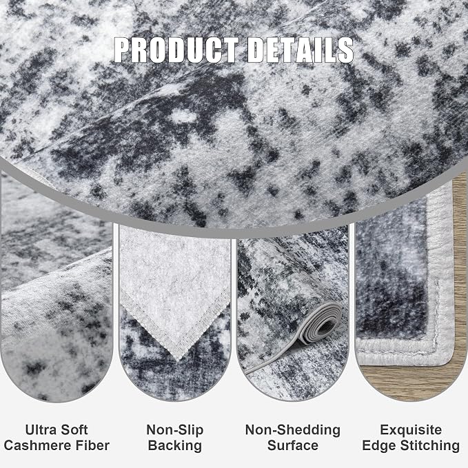5x8 Area Rug Living Room Rug: Washable Modern Abstract Soft Thin Rug Indoor Floor No Slip Stain Resistant Carpet for Bedroom Dining Room Farmhouse Nursery Home Office - Dark Black