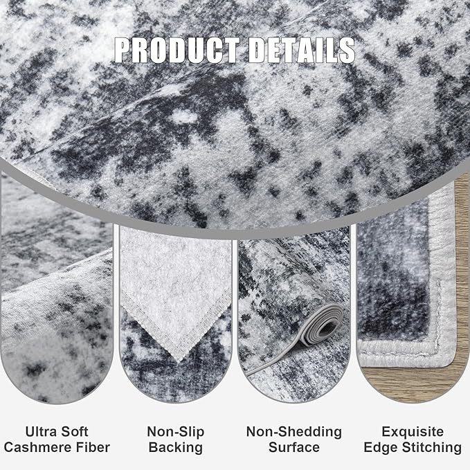 8x8 Area Rug Living Room Rug: Washable Modern Abstract Soft Thin Rug Indoor Floor No Slip Stain Resistant Carpet for Bedroom Dining Room Farmhouse Nursery Home Office - Dark Black