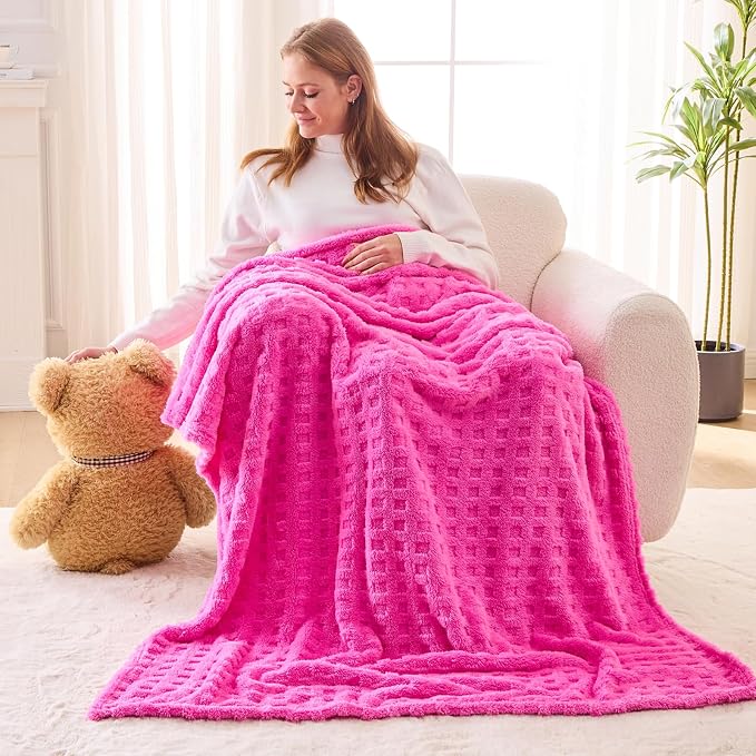 NEWCOSPLAY 3D Waffle Checkered Flannel Twin Blanket, Hot Pink, 60"x80" | Super Soft Cute Lightweight Decorative Premium Silky Fleece Blanket for Couch Sofa Bed, Gift for Women Men, All Season Use