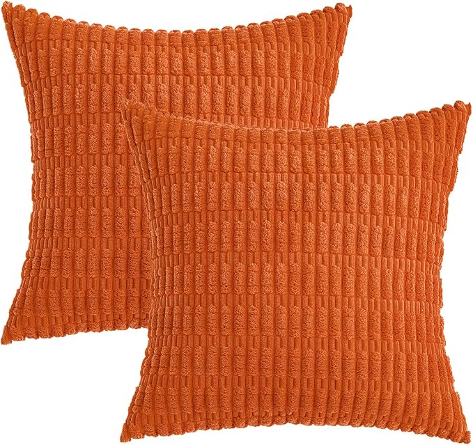 MIULEE Fall Pack of 2 Orange Corduroy Decorative Pillow Covers 20x20 Inch Soft Boho Striped Throw Pillow Covers Modern Farmhouse Home Decor for Halloween Thanksgiving Sofa Living Room Couch Bed