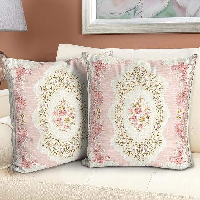Boho Floral Throw Pillow Covers 18x18 inch Set of 2,Pink Boho Rug Geometric Floral Pattern Decor Double Sided Pattern Cushion Cover Soft Pillow Case Living Sofa Room Bed Square Pillow Cover