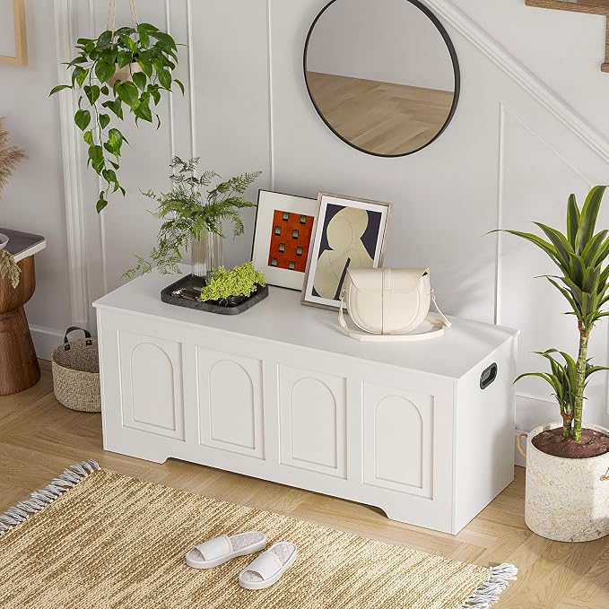 Storage Chest, Wooden Toy Box, White 47.2" L | Entryway Shoe Bench, 2 Soft-close Hinges, Finger-safe Flip-Top Lid, Easy Assembly, Farmhouse Large Trunk, Living Room/Bedroom