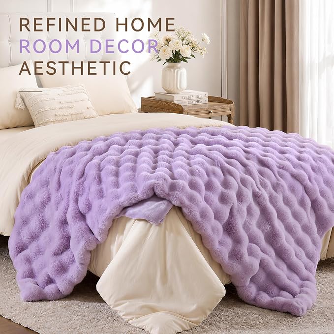 Faux Fur Throw for Couch - Light Purple Bubble Blanket 60"x80" | Fluffy Plush Fuzzy Throw for Sofa & Bed, Super Soft Cozy Comfrt Blanket, Luxury Aesthetic Purple Decor Gift for Women