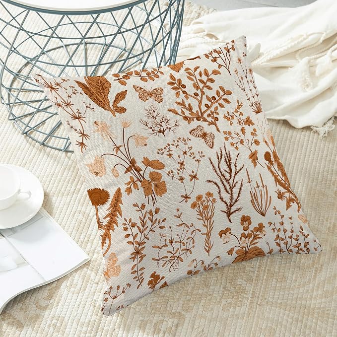 AEIOAE Fall Pillow Covers 20x20 Inch Set of 2,Burnt Orange Wild Flower Plant Throw Pillows Case,Seasonal Floral Outdoor Decorative Square Linen Farmhouse Decor Cushion Covers for Home Sofa Bed Couch