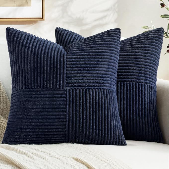 MIULEE Navy Blue Decorative Throw Pillow Covers 16x16 Inch for Couch Bed Sofa Pack of 2 Boho Farmhouse Throw Pillows Soft Cross Corduroy Patchwork Textured Cushion Cases