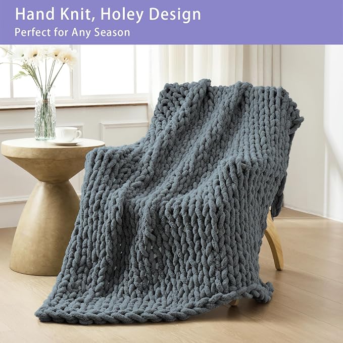 Bigacogo Chunky Knit Throw Blanket for Couch, 40x60 inches, Iron Gray | Hand Knit with Jumbo Chenille, Soft Breathable Cable Knit for Sofa Bed Living Room, Machine Washable, Gift for Mom Friend