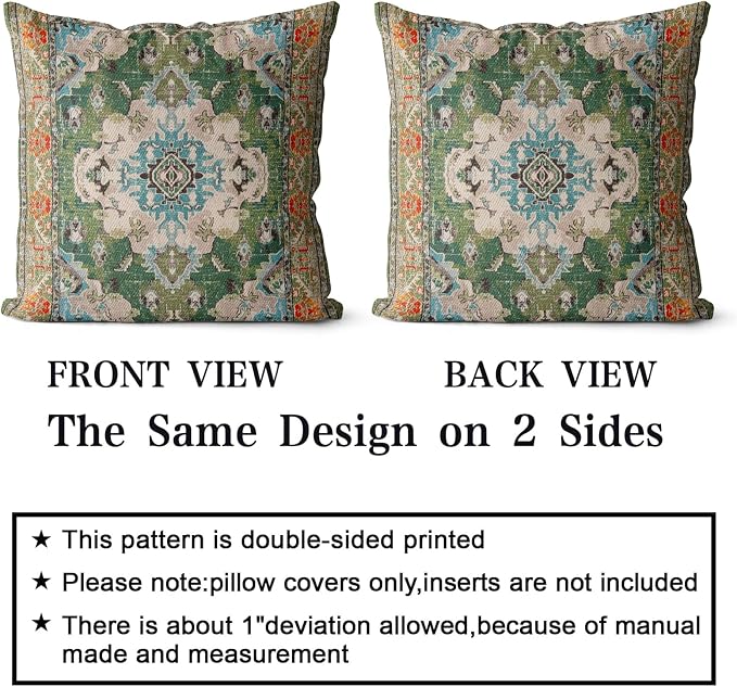Snycler Boho Throw Pillow Covers 26x26 inch Set of 2 Boho Rug Carpet Double Sided Pattern Cotton Soft Pillow Case Cushion Cover Pillowcase for Couch Sofa Bed Decorative (Green)