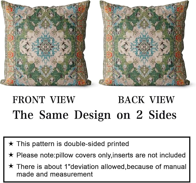 Snycler Boho Throw Pillow Covers 18x18 inch Set of 2 Boho Rug Carpet Double Sided Pattern Cotton Soft Pillow Case Cushion Cover Pillowcase for Couch Sofa Bed Decorative (Green)
