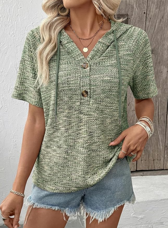 Dokotoo Womens Summer Tops 2026 Short Sleeve Button V Neck Waffle Knit Lightweight Drawstring Hoodies Casual Blouses Shirts