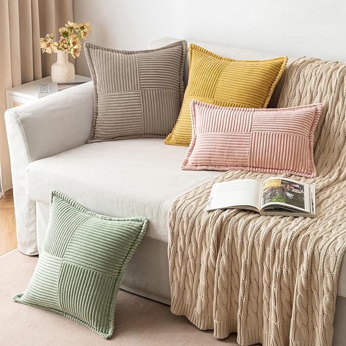 MIULEE Decorative Lumbar Throw Pillow Covers for Couch Bed Livingroom 12x20 Inch Set of 2 Light Brown Boho Accent Throw Pllows Broadside Striped Patchwork Soft Corduroy Pillowcases
