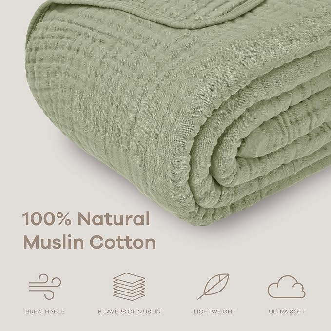 Comfy Cubs Adult Muslin Blanket 50x60” Throw Swaddle Blankets, Sage | 6 Layer Soft, Breathable & Lightweight Muslin Adult Blanket - Machine Washable & Designed in the US Bedding for All Seasons