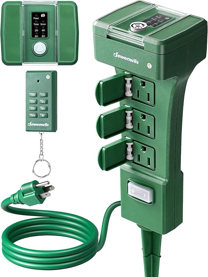 DEWENWILS Outdoor Power Stake Timer Waterproof, 100FT Range Remote Control Outlet Timer, 6 Grounded Outlets 6FT Cord, Photocell Dusk to Dawn, for Lights, Garden, 1875W/15A UL Listed