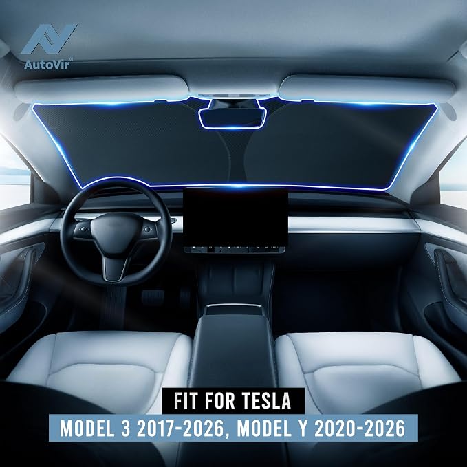 Autovir Windshield Sun Shade, 2017-2026 Tesla Model 3 & Y, 280T Visor Shade