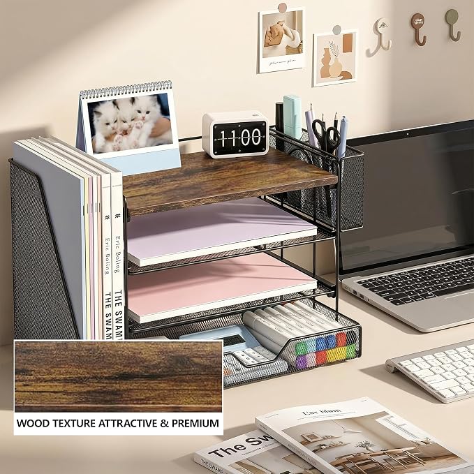OPNICE Desk Organizers and Accessories, 4-Tier Desktop File Organizer with Drawer and Pen Holders, Office Desk Accessories Workspace Organizers for Office Supplies (Wood)